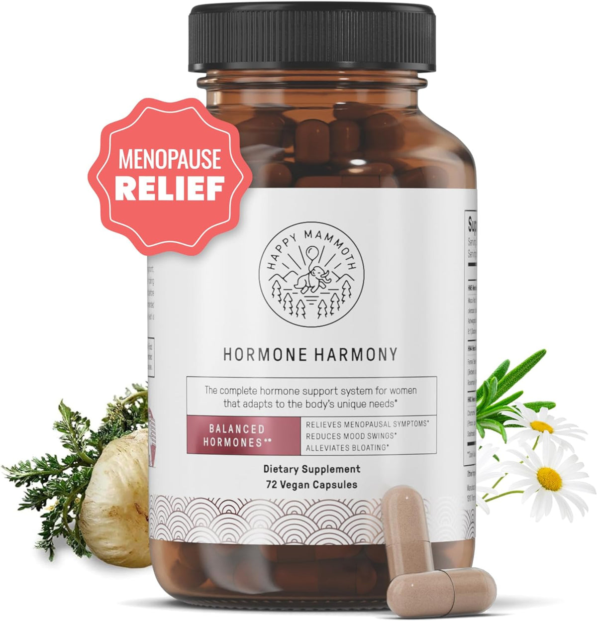 Happy Mammoth ** Hormone Harmony Natural Hormonal Support for Women, Relief for Menopause, Perimenopause, Healthy Hormonal Balance, Hot Flashes. 72 Capsules.