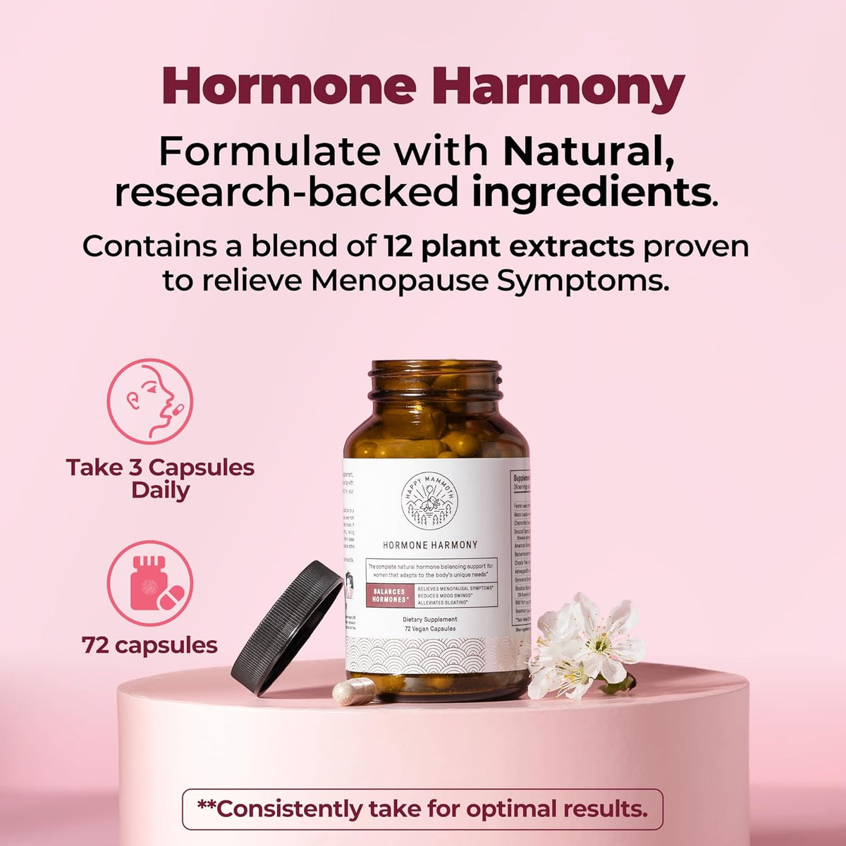 Happy Mammoth ** Hormone Harmony Natural Hormonal Support for Women, Relief for Menopause, Perimenopause, Healthy Hormonal Balance, Hot Flashes. 72 Capsules.