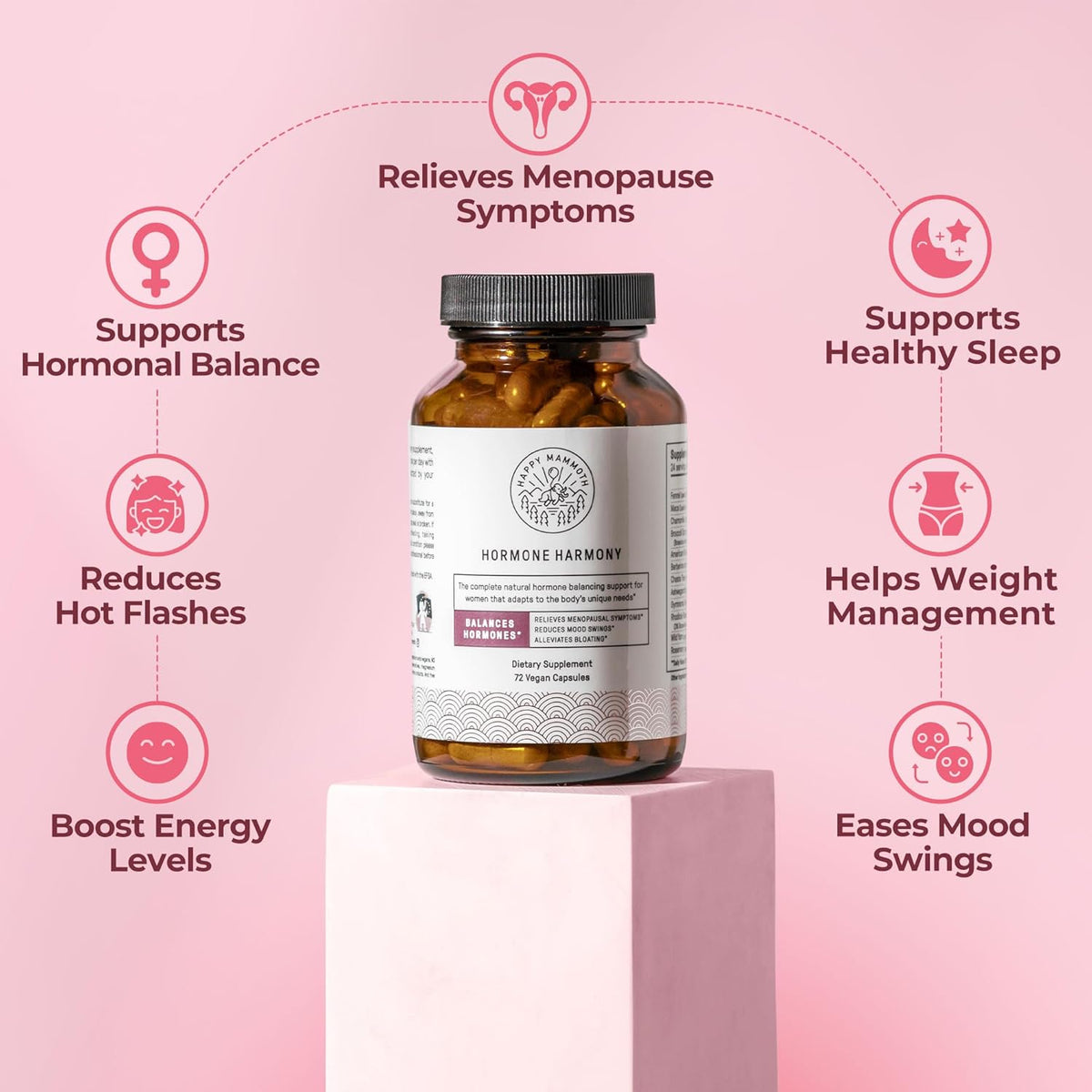 Happy Mammoth ** Hormone Harmony Natural Hormonal Support for Women, Relief for Menopause, Perimenopause, Healthy Hormonal Balance, Hot Flashes. 72 Capsules.